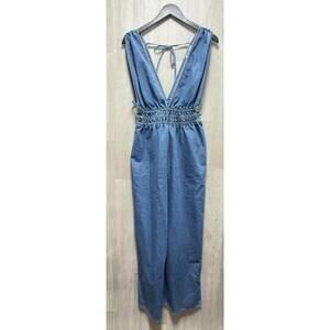 Charlotte Russe Deep V Neck Wide Leg Denim Jumpsuit Women Size XL